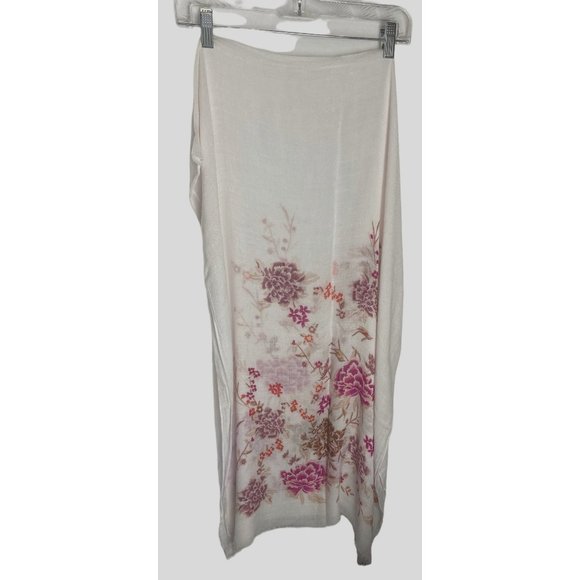 White Floral Wrap Scarf with Fringed Edges Length 76 Inches - Picture 5 of 5